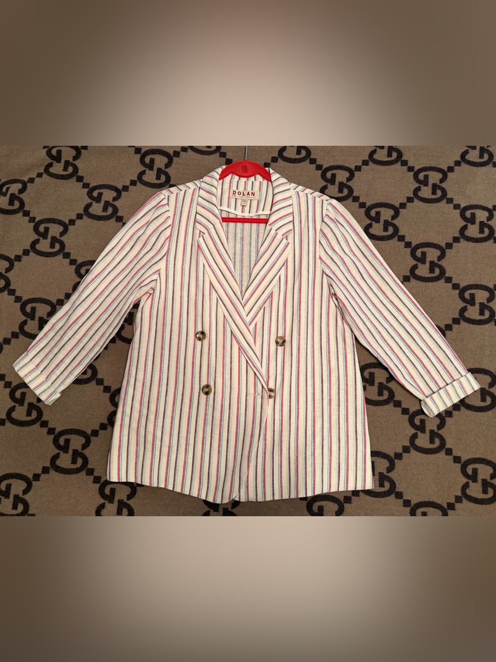 Dolan Double-Breasted Linen Striped Blazer in White, Pink & Blue